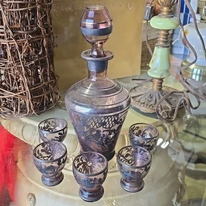 SET CORDIALE VINTAGE 7 pezzi ametista boema ceca argento sterling sovrapposizione - Foto 1 di 7