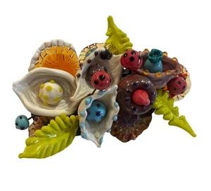 OOAK Unique Handmade Vibrant Blown Glass Brooch W/ Colorful Ladybugs & Flowers - Picture 1 of 11