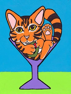 ORANGE TABBY DSH CAT in Martini Glass ORIGINAL Acrylic Painting Pop Art by VERN - Picture 1 of 1