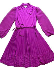 Vintage 70s USA Disco Purple Sheer Puff Sleeve Pleated Belt A-Line Midi Dress M - Picture 1 of 11