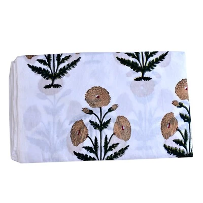 5 Yards Indian Floral Block Printed Handmade White Running Cotton Craft Fabric - Image 1 of 4