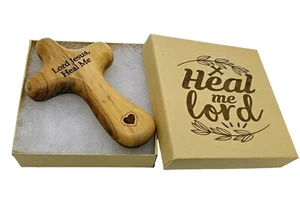Bethlehem Olive Wood Comfort Cross Engraved Jesus Heal Me Heart Gift Boxed - Picture 1 of 6