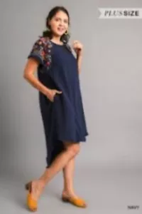 NWT Umgee Linen Short Sleeve Embroidery Dress in Navy Size Small - Picture 1 of 14