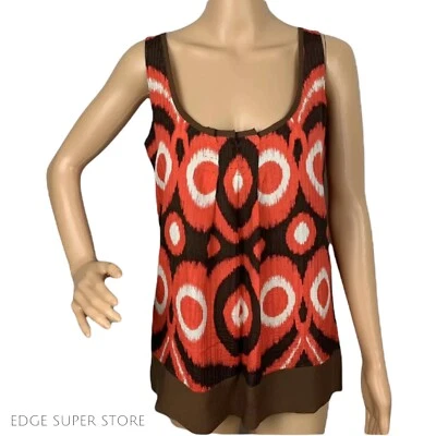Tory Burch Retro Circles Orange Brown Silk Scoop Neck Tank Top Blouse Size 6 - Image 1 of 3
