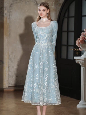 Retro Womens Long Blue Lace A-Line Dress Luxury Dress 2025 Birthday Party Dress - image 1 of 4