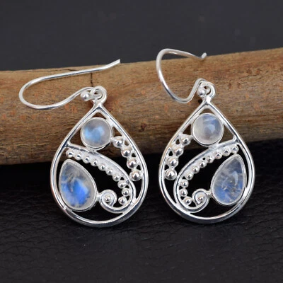 Natural Moonstone Earring 925 Sterling Silver Rainbow moonstone Earring-HE003 - Image 1 of 3