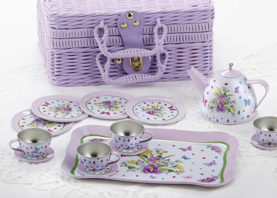 Conjunto de chá de lata infantil Delton para 4 padrão roxo Pansy Pretend #8000-7 - Imagem 1 de 1