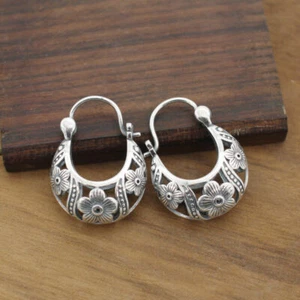 Bali Sterling Silver Flower Basket Shaped Huggie Hoop Earrings A1479 - Bild 1 von 8