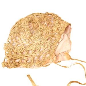 Antique Crochet Lace Baby Bonnet- Silk Lined Vintage Doll Infant Hat Cap - Picture 1 of 5