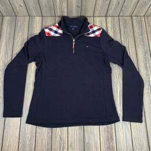 Tommy Hilfiger Women 1/4 Zip Sweater Sweatshirt Shoulder Patch Blue Classic Sz S - Picture 1 of 8