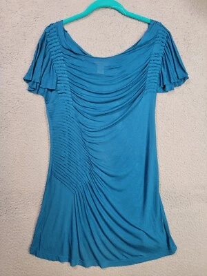 Túnica Kenar Pintuck plissada drapeada malha média manga curta azul - Imagem 1 de 4