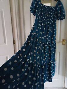 Polka Dot Shirred Bust Boho Floaty Maxi Summer  Dress 👗14 16 18 L XL Stretchy 