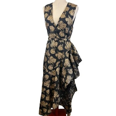 Belle Badgley Mischka Black Gold Jacquard Sleeveless Dress Party Cocktail Size 6 - Image 1 of 4