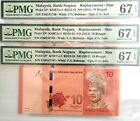 PMG 67 GEM EPQ  Malaysia 10 Ringgit Consecutive Bank Note 3Pcs(+1 B/note) #D9226