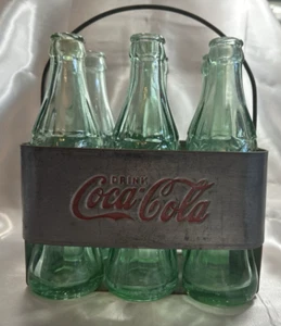 Vintage COCA COLA Metal 6-Pack Carrier Caddy Complete with 6 Old COKE Bottles - Picture 1 of 17