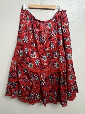 Falda Larga Plisada Phool Roja Negra Boho Maxi Escoba en Niveles Talla 2X XXL Elástica Foto 1 de 4