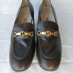 Gucci Vintage Horsebit Braun Leder Blockabsatz Halbschuhe Gold Akzent Gr. 39B - Bild 1 von 11