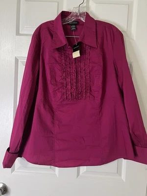 NUEVO CON ETIQUETAS Camisa Lane Bryant 14/16 Blusa Fucsia Top Volantes Acento Cuello Puño Grande Foto 1 de 4