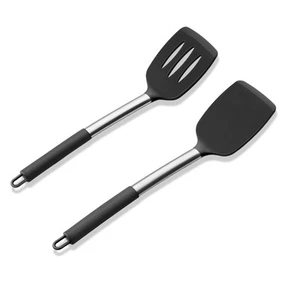 Silicone Spatula Set of 2 Solid & Slotted Turner for Nonstick Cookware Black - Picture 1 of 7