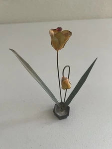 Mid Century Enamel On Metal Flower Art Sculpture on Metal Base 6.5” Tall - Picture 1 of 3