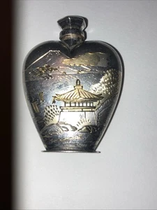 Vintage Japanese Sterling Silver Gold Gilt Etched Heart Shaped Perfume Bottle - Picture 1 of 11