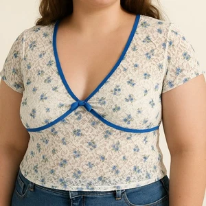 Coquette Y2K Sheer Lace Floral Blouse Junior Large Blue Trim Bow Top Romantic - Picture 1 of 13