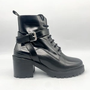 Maje Womens 38 7.5 Frank Combat Boots Shoes Black Leather Biker Moto Chunky Heel - Picture 1 of 11