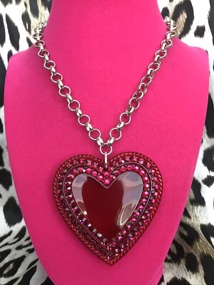 Luly Lu "Ruby Soho" Vintage HUGE Magenta Red Lucite Heart Swarovski Necklace - Image 1 of 4