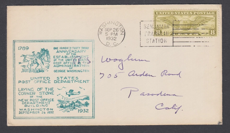 US Planty C17-12 FDC. 1932 8c Wings, 1st USPOD rubber stamped cachet, addressed - Image 1 of 1