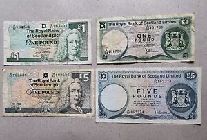1973 - 1997 The Royal Bank of Scotland Limited 1 & 5 Pounds Banknotes Of 4 Notes