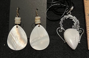 Mother of Pearl 925 Silver Plated Gemstone Handmade Pendant + Shell Earrings - Picture 1 of 13