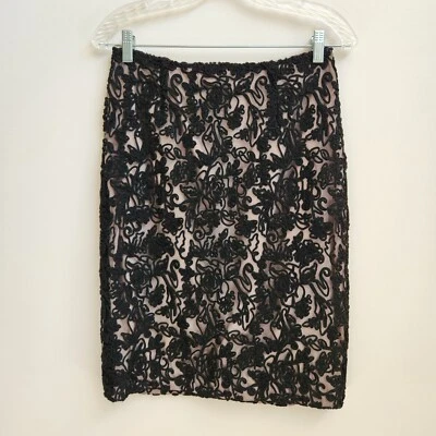 David Meister Skirt Women's 8 Black Crochet Beige Lining Pencil Zip Knee Length - Image 1 of 4