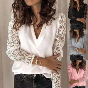 Long Sleeve Lace Fitted Womens V neck Tee OL T Shirt Blouse Holiday Tops - Picture 1 of 13