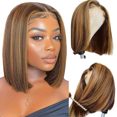 4/27 Ombre Highlight Honey Blonde Wigs Short Bob Straight Human Hair Lace Wigs - Image 1 of 4