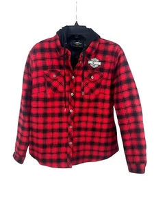 Harley-Davidson Mens Red Black Plaid Hooded Flannel Biker Shirt Jacket With Pock - Picture 1 of 10