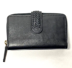 Cartera de cuero negra doble pliegue ranuras para tarjetas cierre a presión trenza de 3 cremalleras laterales - Imagen 1 de 12