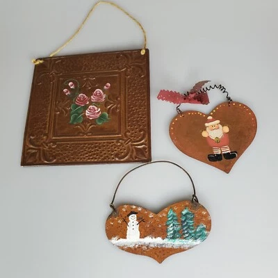 Folk Art Christmas Ornaments Hand Painted Tole Pressed Tin Rust Lot of 3 Country - Image 1 of 4