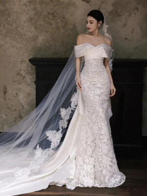 Lace And Satin Off-shoulder Mermaid Wedding Dress - Image 1 of 4