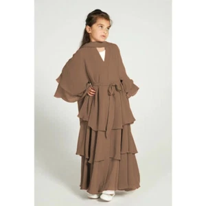 Islamic Kids Girls Ramadan Open Kaftan Muslim Ruffles Chiffon Kimono Robe Abaya - Picture 1 of 25