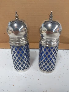 Vtg Cobalt Blue Glass Large Salt Pepper Shaker Set Pierced Silver 5" - Picture 1 of 7