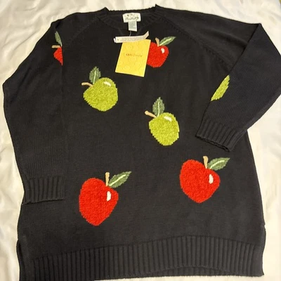 NWT QVC Quacker Factory Pullover Sweater Black Red Green Apples Fall Autumn M - Image 1 of 4