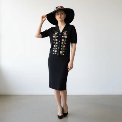 Vestido Suéter Negro Vintage Años 70 Talla 6 Traje Floral Bordado Retro Dinero Antiguo Foto 1 de 4