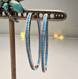 925 Elongated Hoops with Blue Cut Stones on outside and inside of hoops 1 3/4"L - Picture 1 of 6