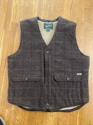 Woolrich Vest Men’s Large Brown Herringbone Check Sherpa Lined Wool Talon Zipper - Image 1 of 4