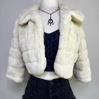 Y2K White Crop Faux Fur Jacket Shrug Prom Coat Indie Glam Fairy Sleaze Goth M - Image 1 of 4