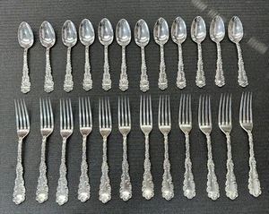 Lot Of 24 Antique 1890s Wallace Sterling Silver Waverly Forks Spoons RW&S 30oz. - Picture 1 of 10