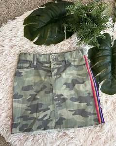 Childrens Place NWT Camo Green Denim Skirt With Rainbow Side Stripe Ribbon Sz 8 - Picture 1 of 7