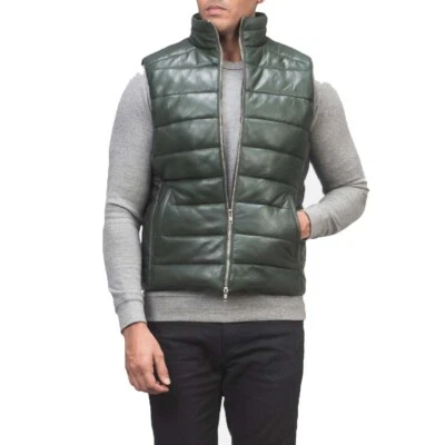 Men's Puffer Leather Vest Bomber Real Sheepskin Winter Padded Quilted Waistcoat - Image 1 of 4