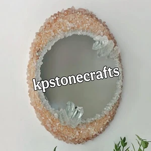 Espejo de pared ovalado de cuarzo rosa y cuarzo transparente - 16"x20" | Incrustación de piedras preciosas hechas a mano - Imagen 1 de 6