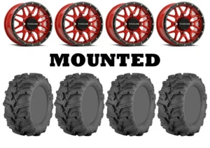 Kit 4 ITP Mud Lite XTR Tires 27x9-14 on Raceline Krank Red Wheels IRS - Picture 1 of 5